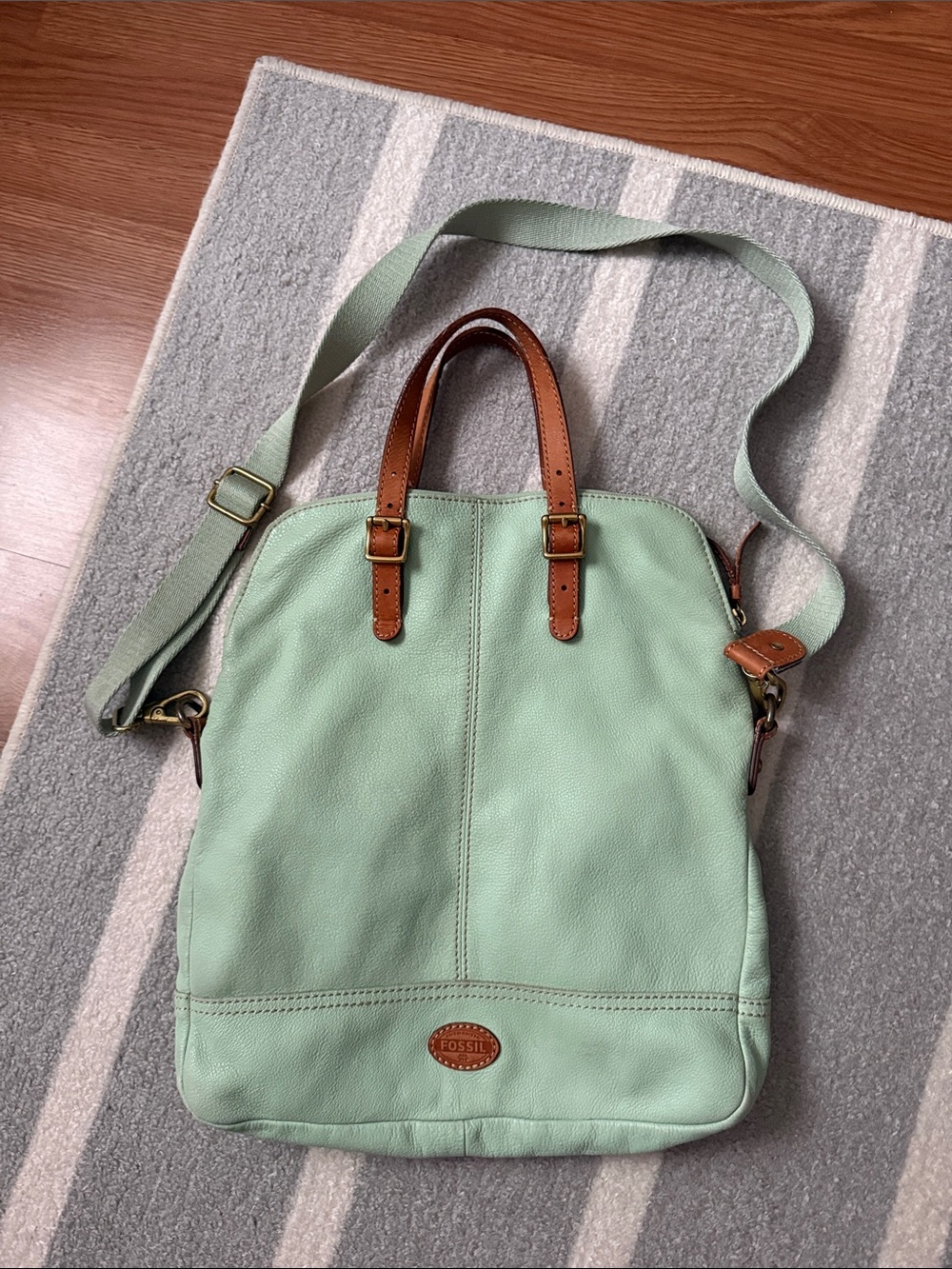 Fossil Leather Fold Over Tote Mint Green Crossbody Bag